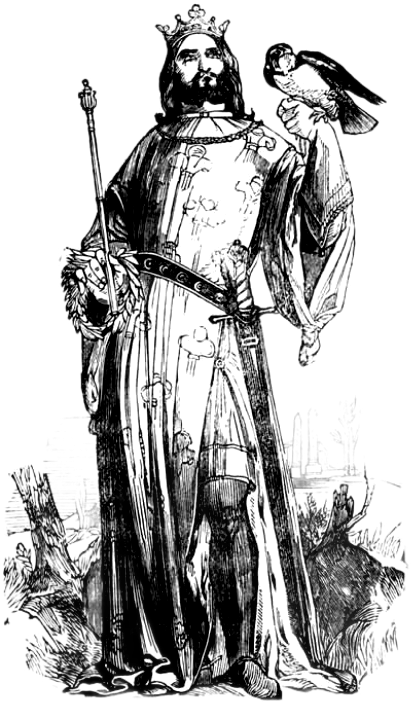 Medieval king with falcon — engraving inspired by Charlemagne